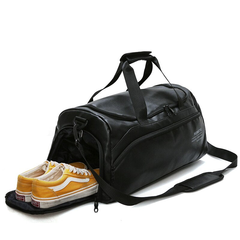 Leather Sports Bag with Shoes Pocket